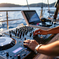DJ hands mixing music on console mixer board at a luxury yacht party at sea in summer on vacation close-up dj,