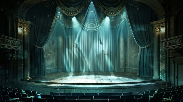 A mysterious theater stage enveloped in cool blue lighting, paired with intricate details and draped curtains, evoking a sense of wonder and anticipation before a performance.