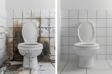 A before and after of a toilet cleaning. Cleaning of the apartment.