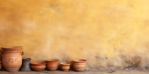 Rustic terracotta pots against yellow wall: earthy tones, handcrafted style, autumn harvest feel.
