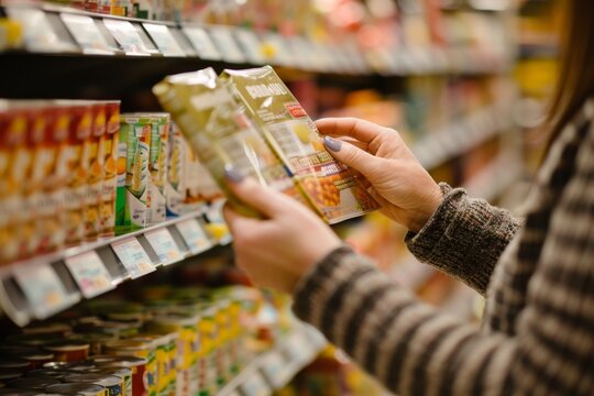 A woman's hands hold a food package, examining the labels and nutritional information. The supermarket shelves are filled with various products in the background