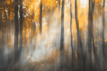 A serene forest scene with golden sunlight filtering through misty trees. The sunlight creates a warm glow on the forest floor