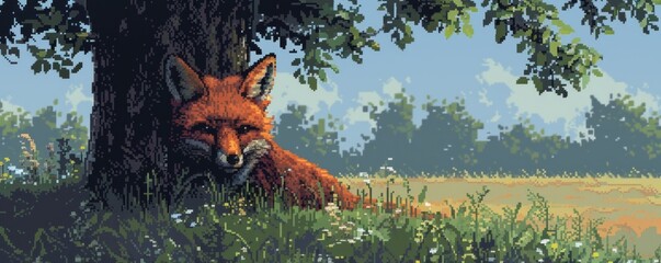 A pixel art illustration of a mischievous red fox peeking out from behind a tree, its curiosity piqued.