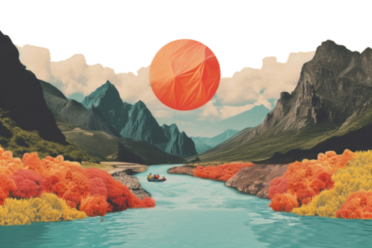 PNG  Collage Retro dreamy of sunny river surreal landscape mountain outdoors.