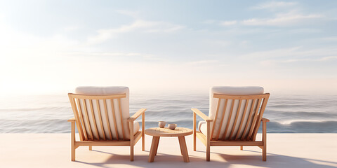 Serene beach scene: Two beige cushioned wooden chairs face ocean; tranquil summer vacation.
