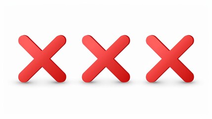 Fototapeta premium Three prominent red X symbols are arranged in a straight row on a clean and simple white background, symbolizing errors, wrong answers, or disapproval in a clear manner.