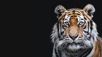 Obraz premium The image captures a majestic tiger with an intense and focused stare, set against a plain black background, showcasing its beauty, power, and regal presence in high detail.