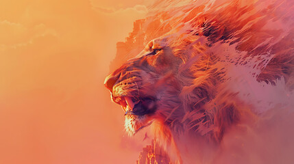 Fiery orange and red majestic lion profile sunrise fantasy art power strength.
