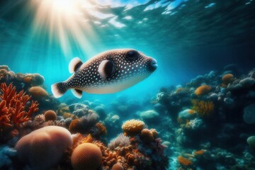 Fototapeta premium A white-spotted puffer (Arothron hispidus) gliding through the crystal-clear tropical waters of the ocean