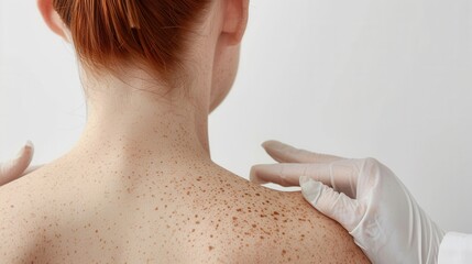 Close-up of a person's freckled back being examined by a gloved hand.