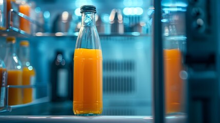 Blank Label Juice Bottle: A juice bottle with no label in a fridge.
