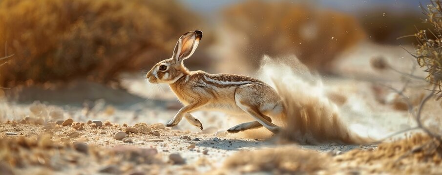 Swift jackrabbit darting across the desert, 4K hyperrealistic photo