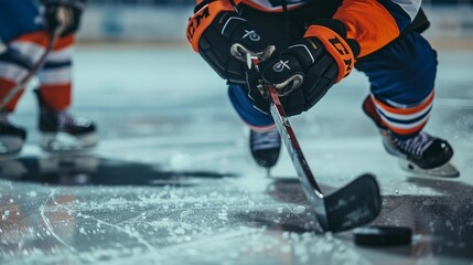 Captivating scene of hockey players engaged in a match, showcasing their skillful play and coordination on the ice while competing intensely for the puck.
