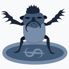 a greedy beetle stands on a crypto coin with its paws spread to the sides. Vector image.