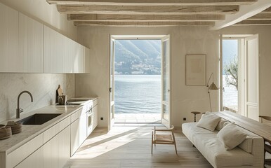 Modern minimalist kitchen with breathtaking lake and mountain view in a luxury apartment