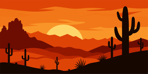 The silhouette of the desert and cacti