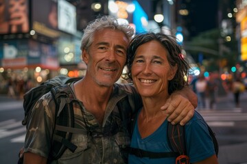 Obraz premium Portrait of a blissful mixed race couple in their 50s sporting a breathable hiking shirt over bustling city street at night
