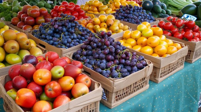 Vibrant Display of Fresh Organic Fruits and Vegetables at Local Food Festival Booth