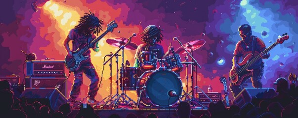 Obraz premium A pixel art rendition of a pixelated band playing pixelated music instruments, their pixelated forms rocking out on a pixelated stage.