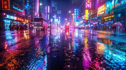 Obraz premium Neon Lit Street With Reflections After Rain