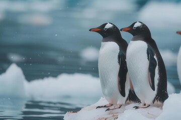 Fototapeta premium Penguins stand on the melting ice sheet in Antarctica, surrounded by water and floating ice, showing the effects of global warming.