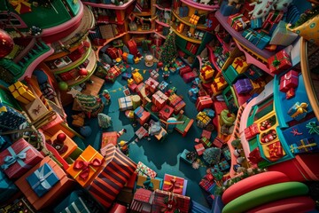 A playful illustration depicting a Christmas workshop filled with colorful presents and decorated with festive ornaments and trees