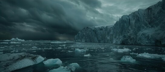 Time-lapse image of a melting glacier in Greenland. Revealing the black rock beneath, with icebergs floating in the sea. Focus on climate change