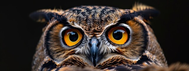  A close-up of an owl's face with orange eyes against a black background