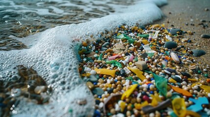 Close-up photo of tiny plastic pellets scattered on the beach with waves crashing onto the shore. Focus on pollution in water sources