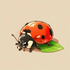 Fototapeta premium Cute ladybug on a leaf, sticker, cartoon drawing, simple, character, kawaii, simple, background