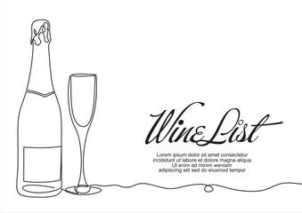 Bottle of wine with wineglass in continuous line art drawing style. Wine list. Minimalist black linear sketch isolated on white background. Vector illustration