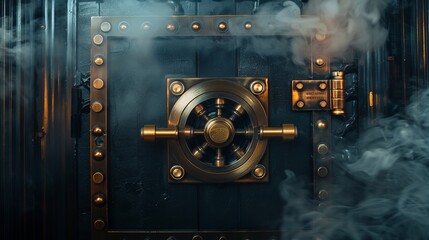 A robust vault door with a combination lock and solid hinges, enhanced by smoke effects to give an impression of security and mystery.
