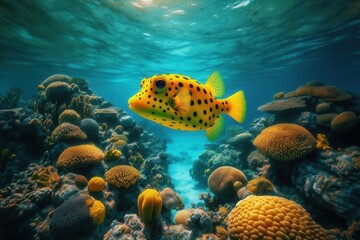 Amidst the crystal-clear tropical waters of the ocean, a vibrant yellow boxfish gracefully swims, its distinctive angular shape and bright color contrasting beautifully with the surrounding marine env