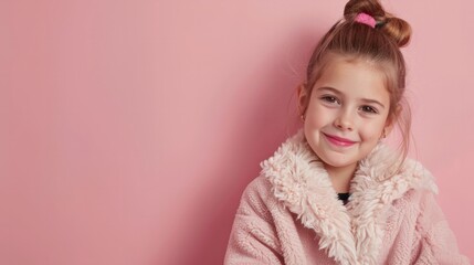 Young girl in pink coat with playful smile against pink background