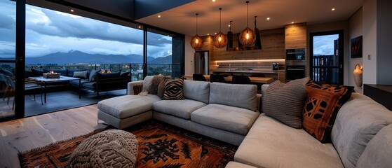  A living room brimming with furniture, framing a large window that overlooks majestic mountain ranges and the vast expanse of the sky