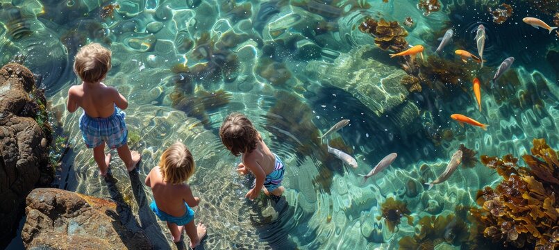 Children Exploring Tide Pool with Colorful Fish - Summer Vacation Outdoors Learning