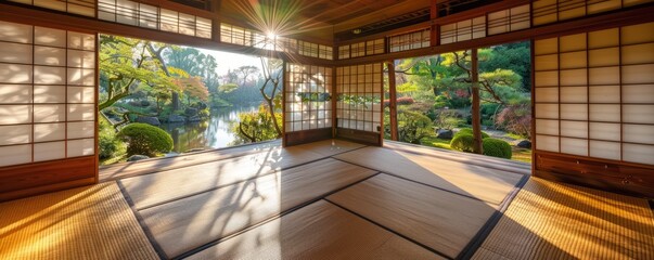 A traditional Japanese teahouse with tatami mats, shoji screens, and a serene garden.