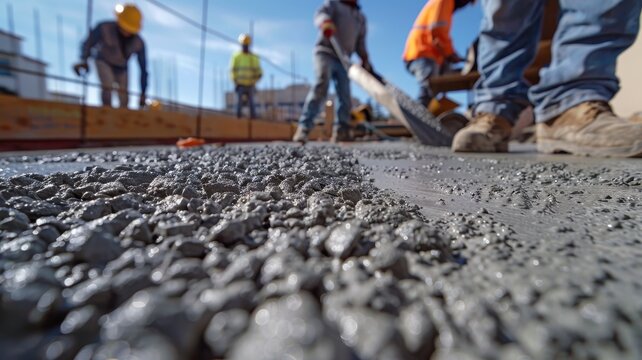 Construction workers pouring fresh concrete at a construction site with a close-up view of the wet cement and feet of workers.