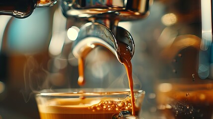 A close-up shot of rich espresso dripping from a portafilter into a clear glass cup. The steam and froth in the coffee signify a freshly brewed and aromatic experience.