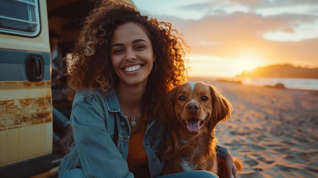 A smiling woman with curly hair sitting with her dog on the beach at sunset beside a camper van enjoying a relaxing moment by the ocean