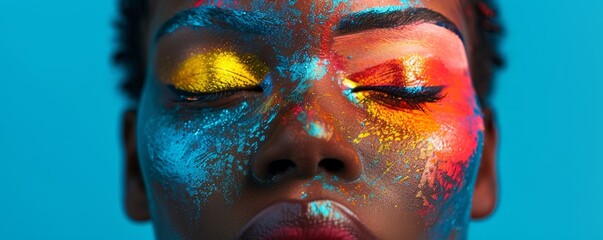 A portrait of a person with brightly colored makeup, celebrating self-expression.