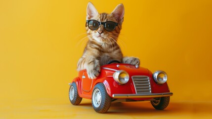 Cute cat wearing sunglasses driving a toy car against a bright yellow background looking cool and playful capturing the fun and quirky moment