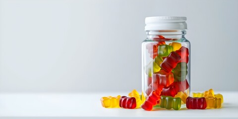 Vibrant gummy bears in a pill bottle on a white backdrop. Concept Food Photography, Candy, Vibrant Colors, Still Life, Creative Composition