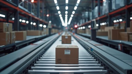 Warehouse conveyor belt with boxes moving in a well-lit, modern distribution center, showcasing efficient logistics and package handling