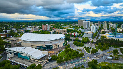 Aerial View of Portland Downtown with Moda Center and Urban Landscape