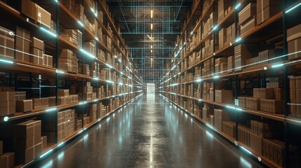 Modern warehouse with digital systems and organized shelves representing efficient storage and logistics showcasing streamlined operations