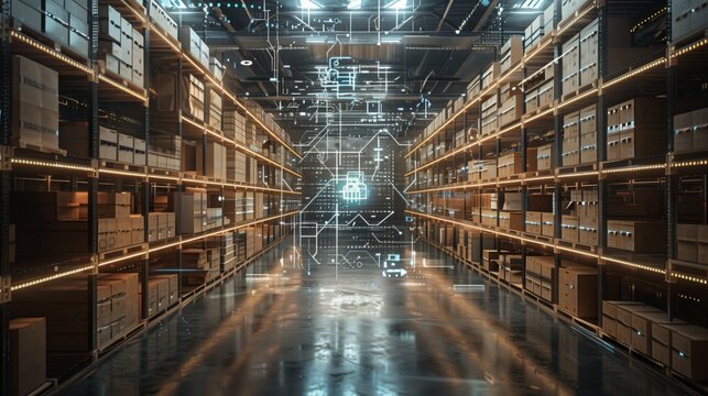 Futuristic warehouse with robotic automation and digital interfaces representing advanced logistics showcasing a high-tech storage solution