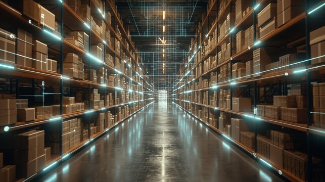 Modern warehouse with digital systems and organized shelves representing efficient storage and logistics showcasing streamlined operations