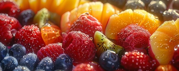 A photorealistic image of a vibrant fruit salad, its colorful assortment of fruits glistening with freshness, representing the health benefits and refreshing taste of nature's bounty.