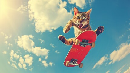 An energetic cat skateboarding in midair with an enthusiastic expression against a sunny sky capturing a fun and lively moment